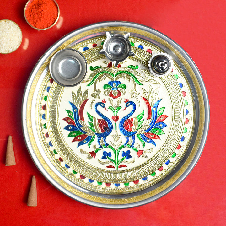 Elegant stainless steel aarti thali set with divine printed design, perfect for pooja rituals and spiritual ceremonies Indiaβs Largest Pooja Accessories Brand β www.satvikstore.in