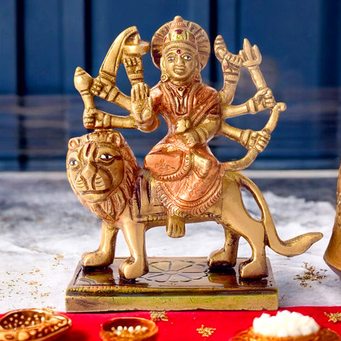 4.1 Inch Exquisite Brass Durga Maa Idol with fine craftsmanship and lion mount, symbolizing strength and protection β ideal for Navratri pooja, temple dΓ©cor, and spiritual gifting No.1 Brass Idol Store www.satvikstore.in