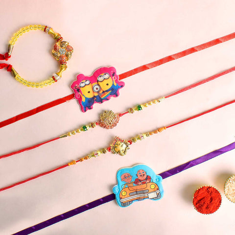 Set of 5 Designer Rakhi Threads with Roli Chawal and Ram Sita Stickers for Raksha Bandhan Celebration. Indiaβs Largest Pooja Accessories Brand - www.satvikstore.in