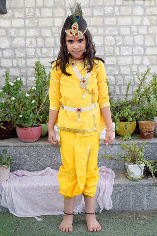 Yellow Krishna Dress β Printed Cotton Linen Blend Outfit with Golden Border
