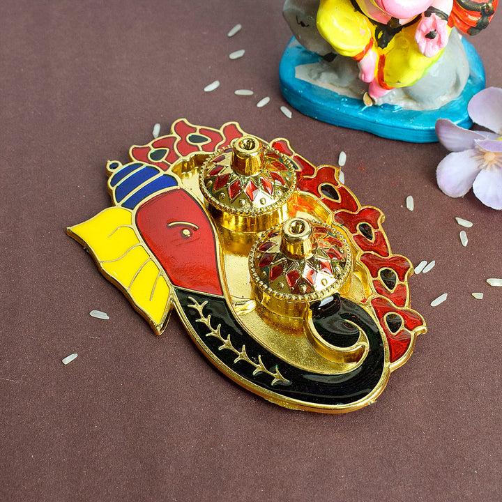 Beautiful Ganesh-shaped Kumkum holder designed for storing roli, chawal, or sindoor during pooja rituals, symbolizing divine blessings and spiritual harmony. India’s Largest Pooja Accessories Brand – www.satvikstore.in