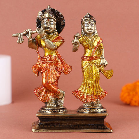 5.9 Inch Gorgeous Radha Rani and Krishna Kanhaiya Colorful Brass Idol β A beautifully crafted statue symbolizing love and divine unity, perfect for worship and decor. No.1 Brass Idol Store www.satvikstore.in