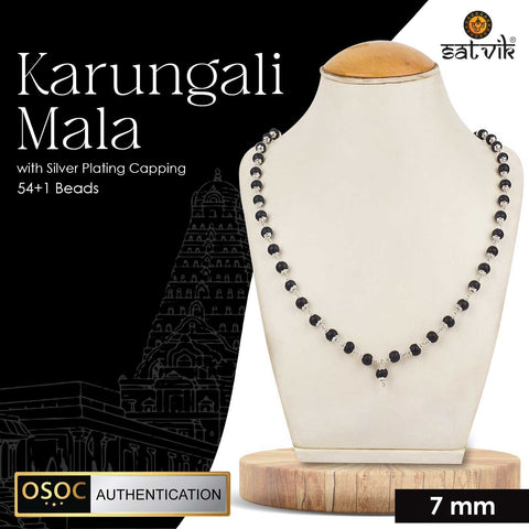 Government-certified Karungali mala with silver capping, designed for spiritual protection, energy enhancement, and meditation practices.Indiaβs Premium Jap Mala Store - www.satvikstore.in