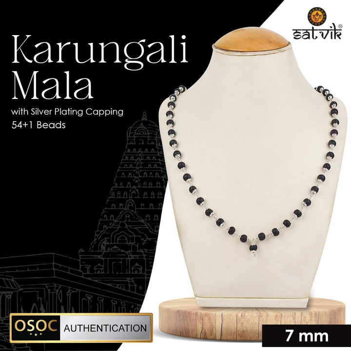 Government-certified Karungali mala with silver capping, designed for spiritual protection, energy enhancement, and meditation practices.India’s Premium Jap Mala Store - www.satvikstore.in