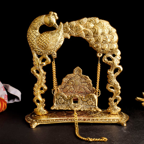 Graceful metal Laddu Gopal Jhula with intricate design, ideal for Janmashtami celebrations and pooja decor. Indiaβs Largest Pooja Accessories Brand β www.satvikstore.in