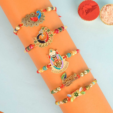 Set of 5 Designer Rakhi Threads with Roli Chawal and Ram Sita Stickers for Raksha Bandhan Celebration. Indiaβs Largest Pooja Accessories Brand - www.satvikstore.in