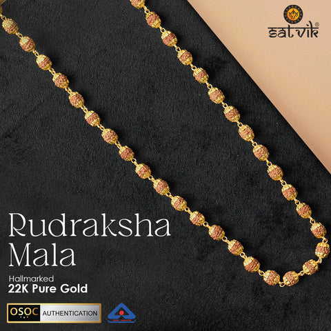 Hallmarked 22K Pure Gold Panchmukhi Rudraksha Mala with divine five-faced beads strung in authentic gold links, symbolizing spiritual power, purity, and prosperity. Indiaβs Premium Rudraksha Jap Mala Store- www.satvikstore.in