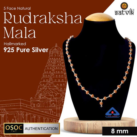 Hallmarked 925 Pure Silver Panchmukhi Rudraksha Mala featuring five-faced sacred beads, meticulously crafted in premium silver to enhance spiritual strength, tranquility, and prosperity. Indiaβs Premium Rudraksha Jap Mala Store- www.satvikstore.in