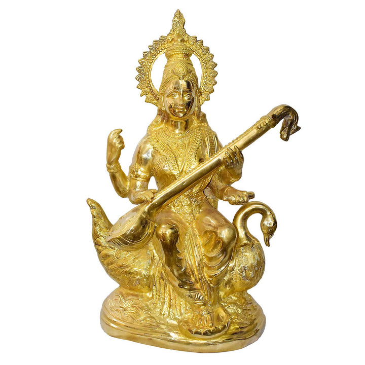 Handcrafted Brass Saraswati Idol for Home & Temple | Best for VIP Gift & Big Premium Gift | Large Goddess Saraswati Statue with Glossy Finish | 75 cm Height, 27.2 kg Weight | Best for Your Temple & Puja Decor | Premium Quality Brass Murti | India's Largest Puja Accessories Brand - Satvik No. 1 Brass Idol Collection