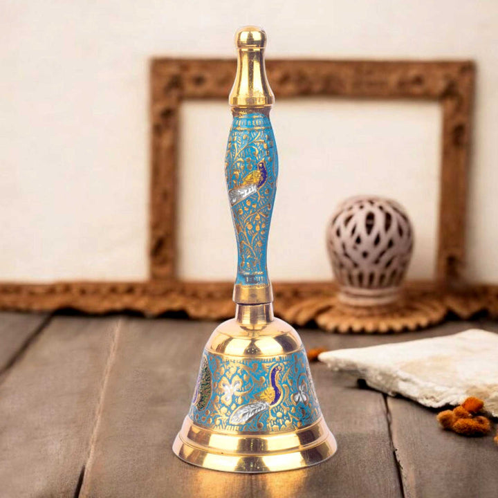 Handcrafted Meenakari Brass Puja Bell in Sky Blue color β 7 Inch decorative temple bell for daily worship. Indiaβs Largest Pooja Accessories Brand - www.satvikstore.in