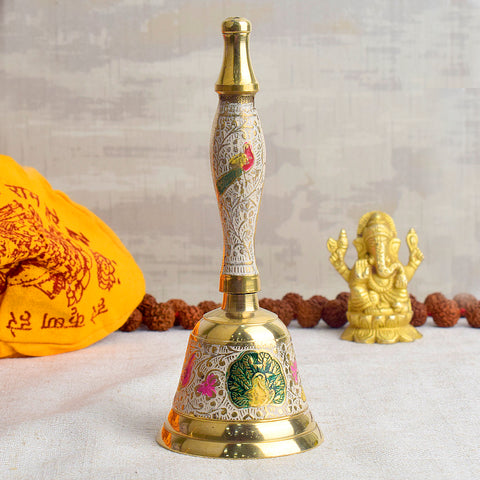 Handcrafted Meenakari Brass Puja Bell in White color β 7 Inch traditional pooja bell for temple rituals and spiritual ceremonies. Indiaβs Largest Pooja Accessories Brand - www.satvikstore.in