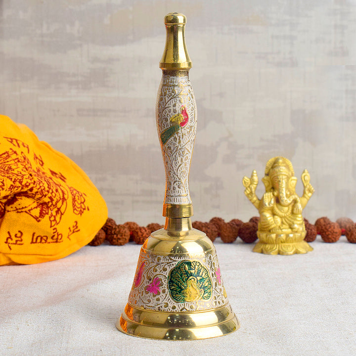 Handcrafted Meenakari Brass Puja Bell in White color β 7 Inch traditional pooja bell for temple rituals and spiritual ceremonies. Indiaβs Largest Pooja Accessories Brand - www.satvikstore.in