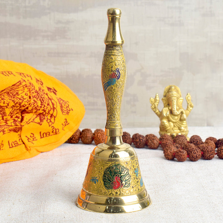Handcrafted Meenakari Brass Puja Bell in Yellow color β 7 Inch traditional temple bell for daily pooja and rituals. Indiaβs Largest Pooja Accessories Brand - www.satvikstore.in