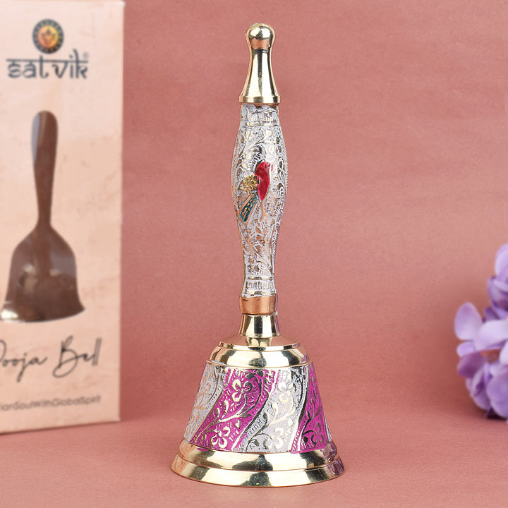 Handcrafted brass puja bell in elegant white and pink hues, perfect for daily rituals, temple decor, and spiritual ceremonies. Indiaβs Largest Pooja Accessories Brand β www.satvikstore.in
