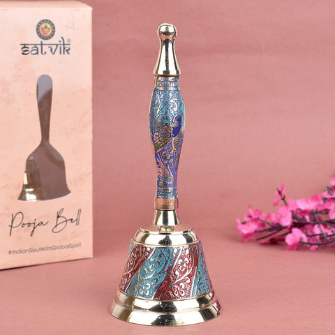Handcrafted brass puja bell in sky blue and red finish, ideal for temple rituals and devotional use with a vibrant traditional design. Indiaβs Largest Pooja Accessories Brand β www.satvikstore.in