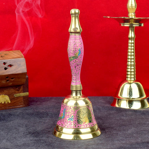 Handcrafted brass puja bell with elegant pink handle, designed for daily rituals and devotional ceremonies, adds charm to your prayer space. Indiaβs Largest Pooja Accessories Brand β www.satvikstore.in