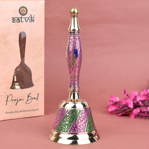 Handcrafted pink and green brass puja bell designed for traditional Hindu rituals and aarti, featuring intricate detailing and vibrant colors. Indiaβs Largest Pooja Accessories Brand β www.satvikstore.in