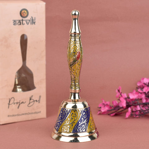 Handcrafted yellow and blue brass puja bell designed for devotional rituals, blending traditional craftsmanship with vibrant spiritual aesthetics. Indiaβs Largest Pooja Accessories Brand β www.satvikstore.in