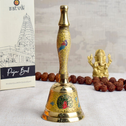 Handcrafted yellow brass puja metal bell designed for spiritual rituals, aarti ceremonies, and temple use with traditional Indian craftsmanship. Indiaβs Largest Pooja Accessories Brand β www.satvikstore.in