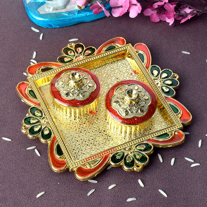 Intricately designed kumkum holder adorned with traditional patterns, ideal for pooja rituals and adding a touch of cultural elegance to spiritual ceremonies. India’s Largest Pooja Accessories Brand – www.satvikstore.in