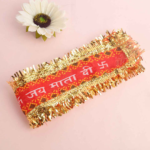 Set of 12 Jai Mata Di Patti in red and gold, each 95 cm by 6 cm, ideal for pooja decoration and temple rituals β Indiaβs Largest Pooja Accessories Brand β www.Satvikstore.in