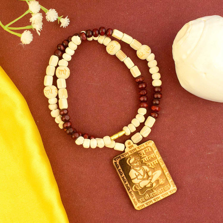 Jai Sita Ram / Jai Shri Bageshwar Dham Wooden Locket with 4 Colour Beads – devotional necklace for mantra chanting, protection, and spiritual strength. India’s Largest Brass Idols Brand - www.satvikstore.in