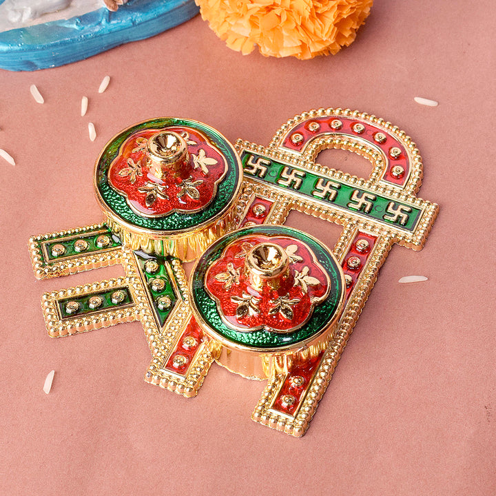 Kumkum holder featuring an artistic "Shri" symbol design, crafted with traditional elegance for use in pooja rituals and spiritual ceremonies. India’s Largest Pooja Accessories Brand – www.satvikstore.in