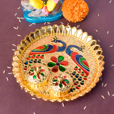 Kumkum holder with artistic peacock design, featuring traditional craftsmanship and vibrant detailing for pooja use. 
Indiaβs Largest Pooja Accessories Brand β www.satvikstore.in