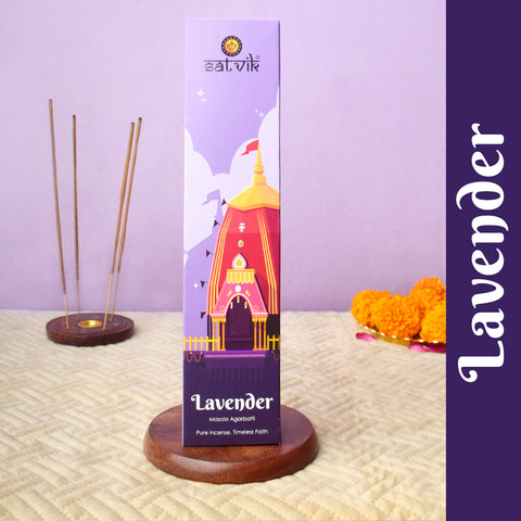 Lavender Pure Masala Incense Sticks box for relaxation, aromatherapy, and meditation. Indiaβs Largest Pooja Accessories Brand - www.satvikstore.in