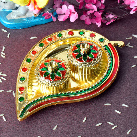 Leaf-inspired kumkum holder crafted with precision, featuring detailed traditional design for ritualistic and decorative use. Indiaβs Largest Pooja Accessories Brand β www.satvikstore.in