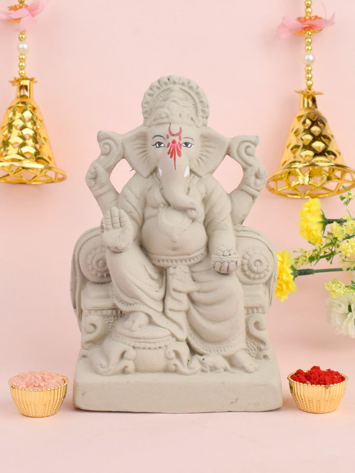 7 Inch Lord Ganesha Idol seated on a majestic Singhasan, crafted with intricate detailing for spiritual home decor India’s Largest Pooja Accessories Brand – www.satvikstore.in