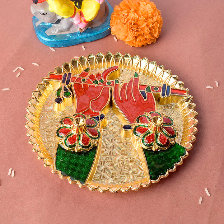 Artistic kumkum holder designed in the shape of Lord Krishna's divine hand, symbolizing blessings and devotion, perfect for pooja rituals. India’s Largest Pooja Accessories Brand – www.satvikstore.in
