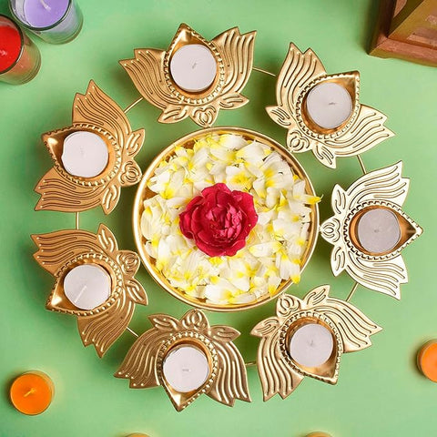 Lotus Petals Shape Metal Urli with Tea Light β Beautifully crafted metal urli in the shape of lotus petals, complete with a tea light holder for elegant and spiritual home decor. Indiaβs Largest Pooja Accessories Brand β www.satvikstore.in