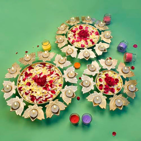 Lotus Petals Shape Metal Urli with Tea Light (Pack of 3) β Set of three metal urli designed with lotus petals, each featuring a tea light holder for elegant and spiritual home decoration. Indiaβs Largest Pooja Accessories Brand β www.satvikstore.in