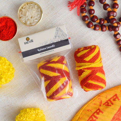 Pure Cotton Kalawa Thread (Mauli) is a sacred thread used in various Hindu rituals and poojas. It is tied on the wrist during ceremonies for protection, blessings, and spiritual connection β Indiaβs Largest Pooja Accessories Brand β www.satvikstore.in