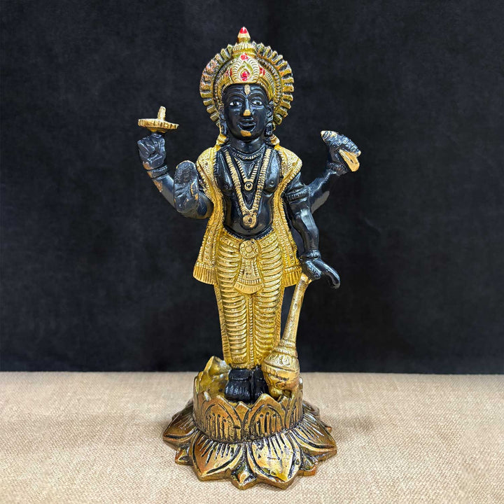7 Inch Majestic Lord Vishnu Ji Statue, beautifully crafted in brass, representing divine protection, blessings, and serenityβperfect for home temples and spiritual decor. No.1 Brass Idol Store www.satvikstore.in