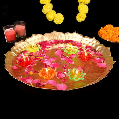Metal Lotus Shape Urli for Decor with Floating Diya β Elegant lotus-shaped metal urli featuring a floating diya, perfect for spiritual and festive home decor. Indiaβs Largest Pooja Accessories Brand β www.satvikstore.in