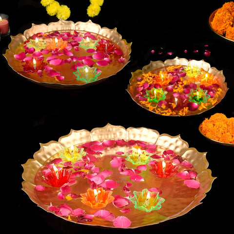 Metal Lotus Shape Urli for Decor with Floating Diya (Pack of 3) β Elegant lotus-shaped metal urli set with floating diyas, perfect for home, office, or festive dΓ©cor. Indiaβs Largest Pooja Accessories Brand β www.satvikstore.in
