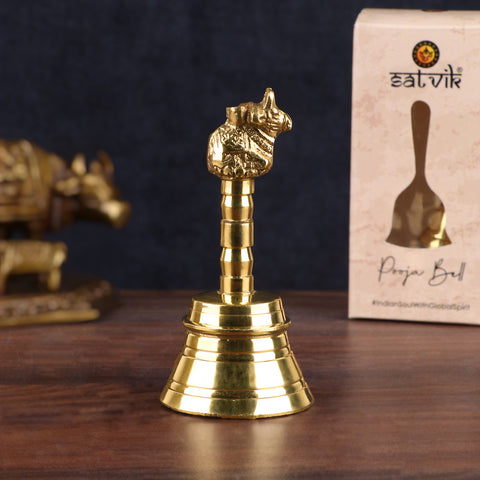 Nandi Brass Puja Bell with detailed carvings of Nandi atop the handle, ideal for temple rituals and daily worship. Indiaβs Largest Pooja Accessories Brand β www.satvikstore.in