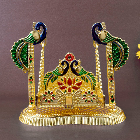 Peacock-themed graceful Laddu Gopal Jhula with intricate design, ideal for Bal Gopal idol placement during pooja or Janmashtami festivities. Indiaβs Largest Pooja Accessories Brand β www.satvikstore.in