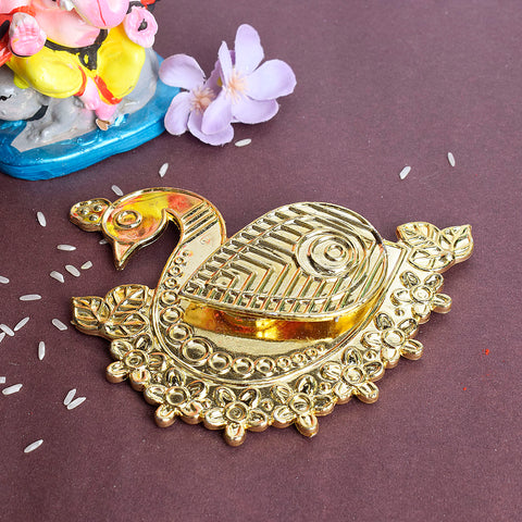 Beautiful Peacock Elegance Kumkum Holder made of traditional brass with intricate feather detailing, ideal for storing kumkum or roli during festivals and pooja rituals. Indiaβs Largest Pooja Accessories Brand β www.satvikstore.in