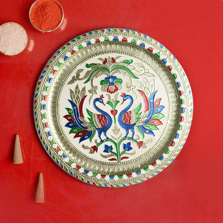 Peacock embossed puja thali with intricate festive design, ideal for Diwali and Karwa Chauth rituals and celebrations Indiaβs Largest Pooja Accessories Brand β www.satvikstore.in