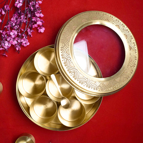 Premium Brass Pooja Samagridaan Set with 7 containers, spoon, and glass lid provides a luxurious and organized solution for storing your sacred puja items, ensuring an elegant and efficient ritual experience β Indiaβs Largest Pooja Accessories Brand β www.satvikstore.in