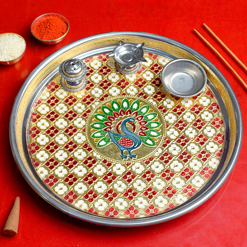Printed stainless steel aarti thali ensemble featuring traditional spiritual motifs, ideal for pooja rituals and festive offerings Indiaβs Largest Pooja Accessories Brand β www.satvikstore.in