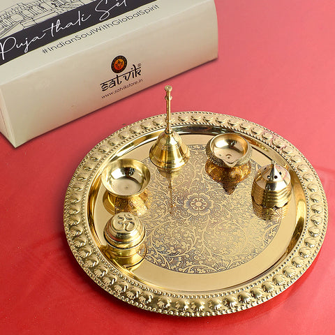 Puja Thali Set (6 Pc), an elegant and complete set with six essential items for performing traditional pooja rituals, including a thali, diya, roli, akshat, and more. 
Indiaβs Largest Pooja Accessories Brand β www.satvikstore.in