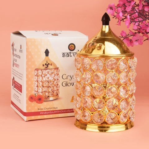 Pure Brass Crystal Glow Chimney Diya β A beautifully crafted diya made from pure brass, featuring a stunning crystal glow design. Indiaβs Largest Pooja Accessories Brand β www.satvikstore.in