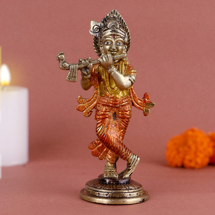 5.8 Inch Enchanting Krishna Brass Idol with exquisite detailing and traditional finish, ideal for home worship, spiritual décor, and festive celebrations No.1 Brass Idol Store www.satvikstore.in