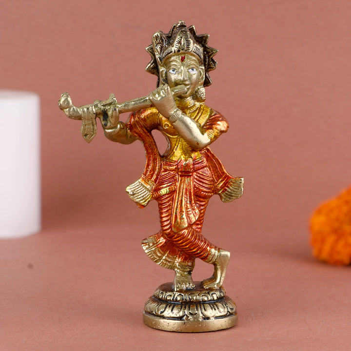 4.6 Inch Colorful Brass Krishna Idol – Vibrant Lord Krishna Statue for Home Temple, Janmashtami Decor, and Gifting. No.1 Brass Idol Store www.satvikstore.in