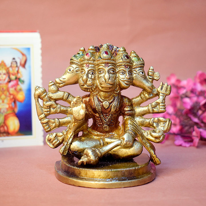 3.7 Inch Panchmukhi Hanuman Idol in brass with five-faced divine form and intricate detailing – ideal for protection, spiritual worship, and home temple décor No.1 Brass Idol Store www.satvikstore.in