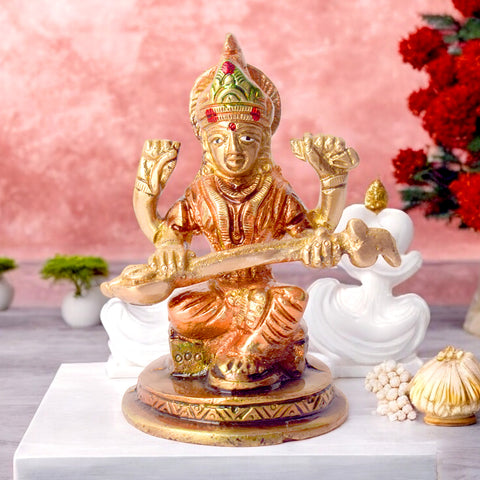 3.7 Inch Exquisite Handcrafted Brass Saraswati Idol β Perfect for Home Temple, Study Space, and Spiritual Gifting. No.1 Brass Idol Store www.satvikstore.in